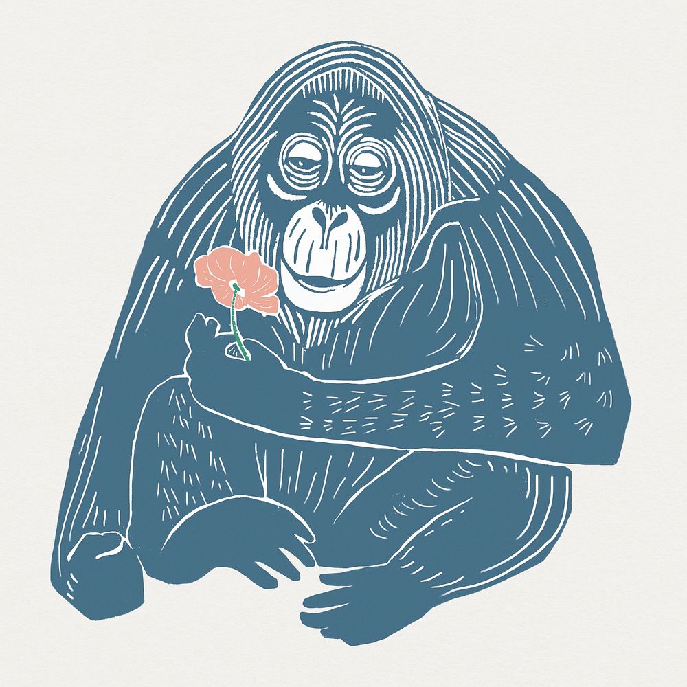 Vintage blue orangutan psd linocut style illustration