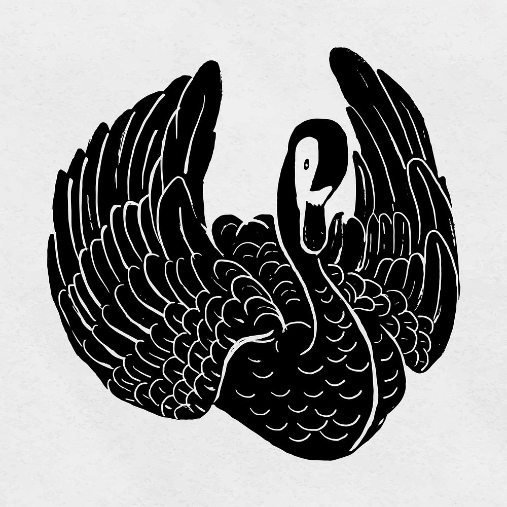 Vintage swan vector black bird linocut hand drawn clipart