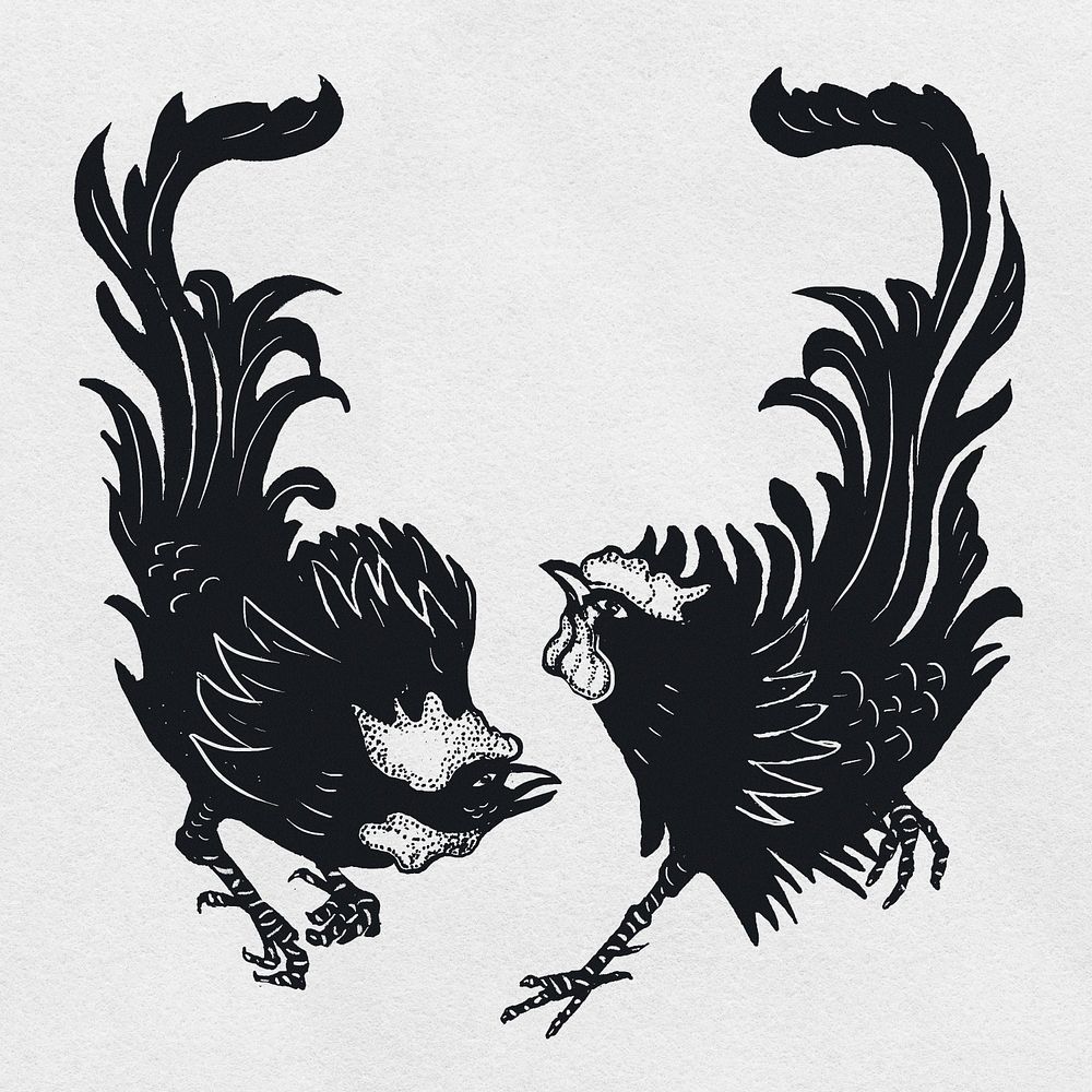 Black rooster psd linocut stencil pattern drawing collection