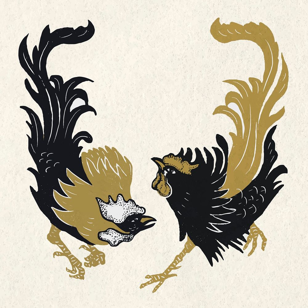 Gold black rooster animal vintage drawing collection
