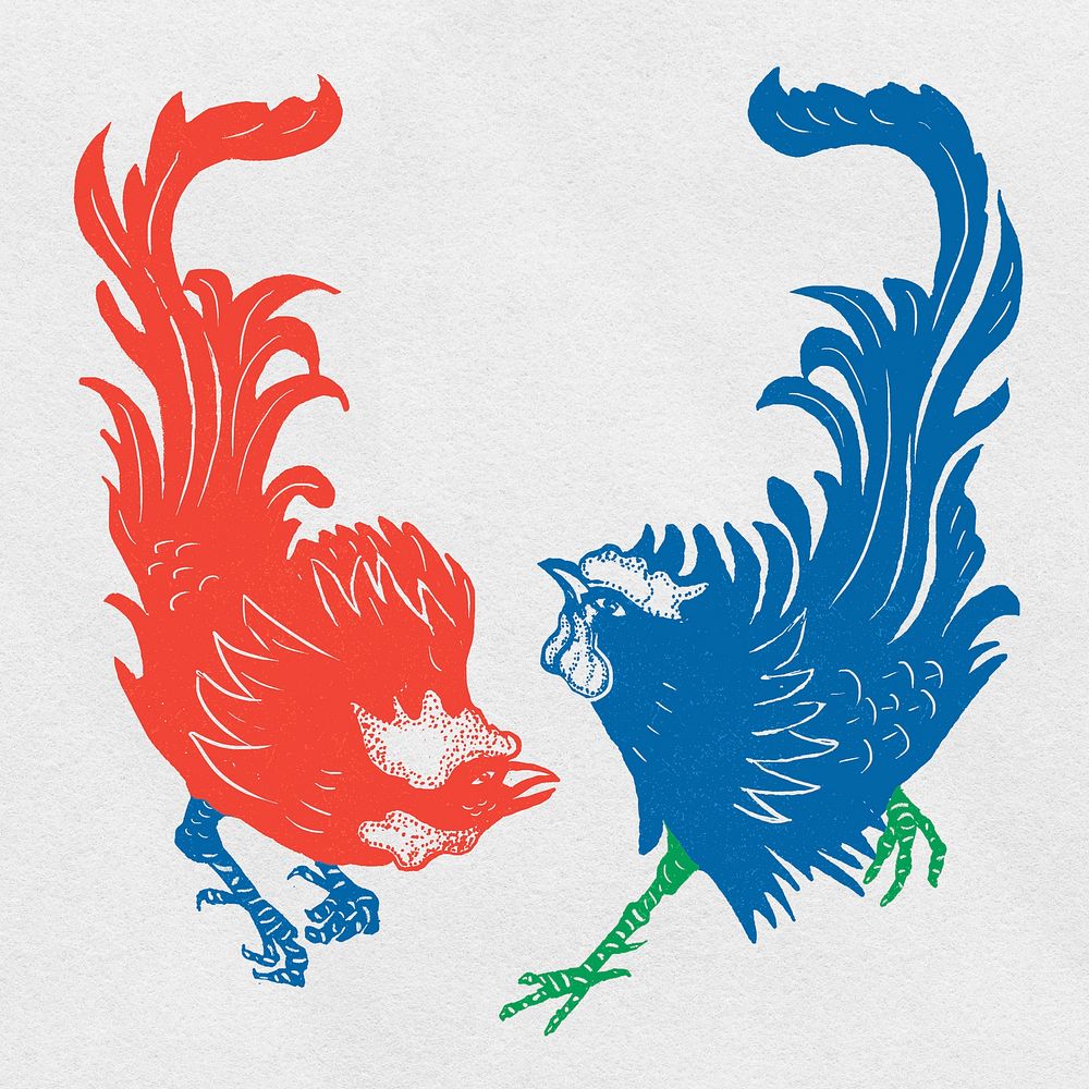 Vintage roosters psd linocut animal clipart collection
