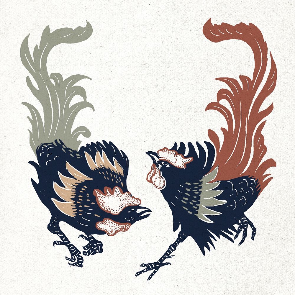 Vintage colorful rooster psd bird hand drawn set