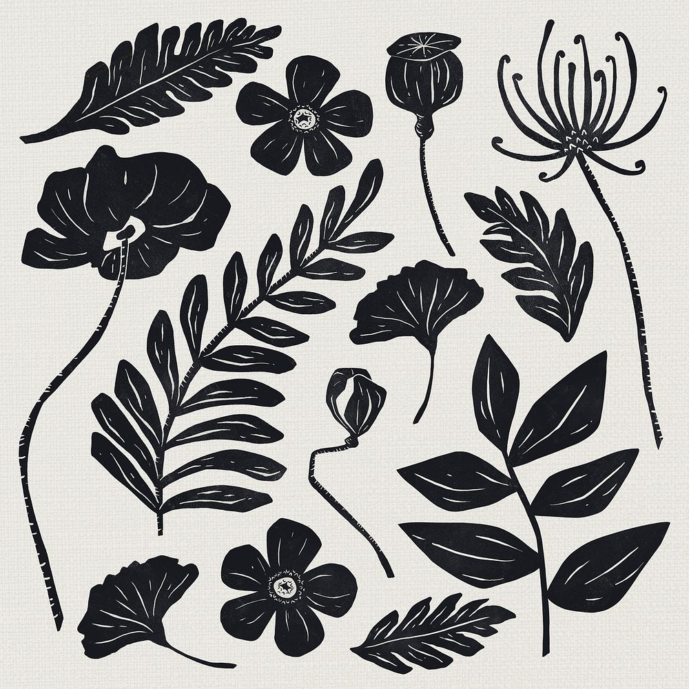 Black flowers psd linocut hand drawn botanical set
