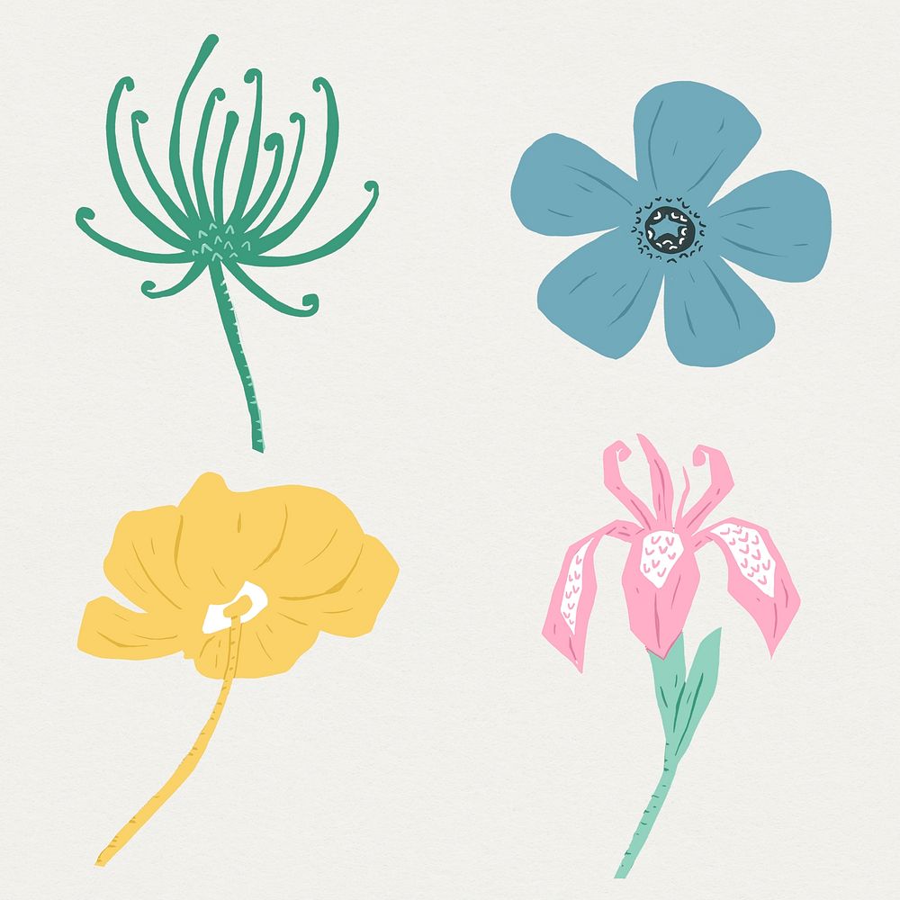 Vintage blooming flowers psd colorful linocut style drawing collection
