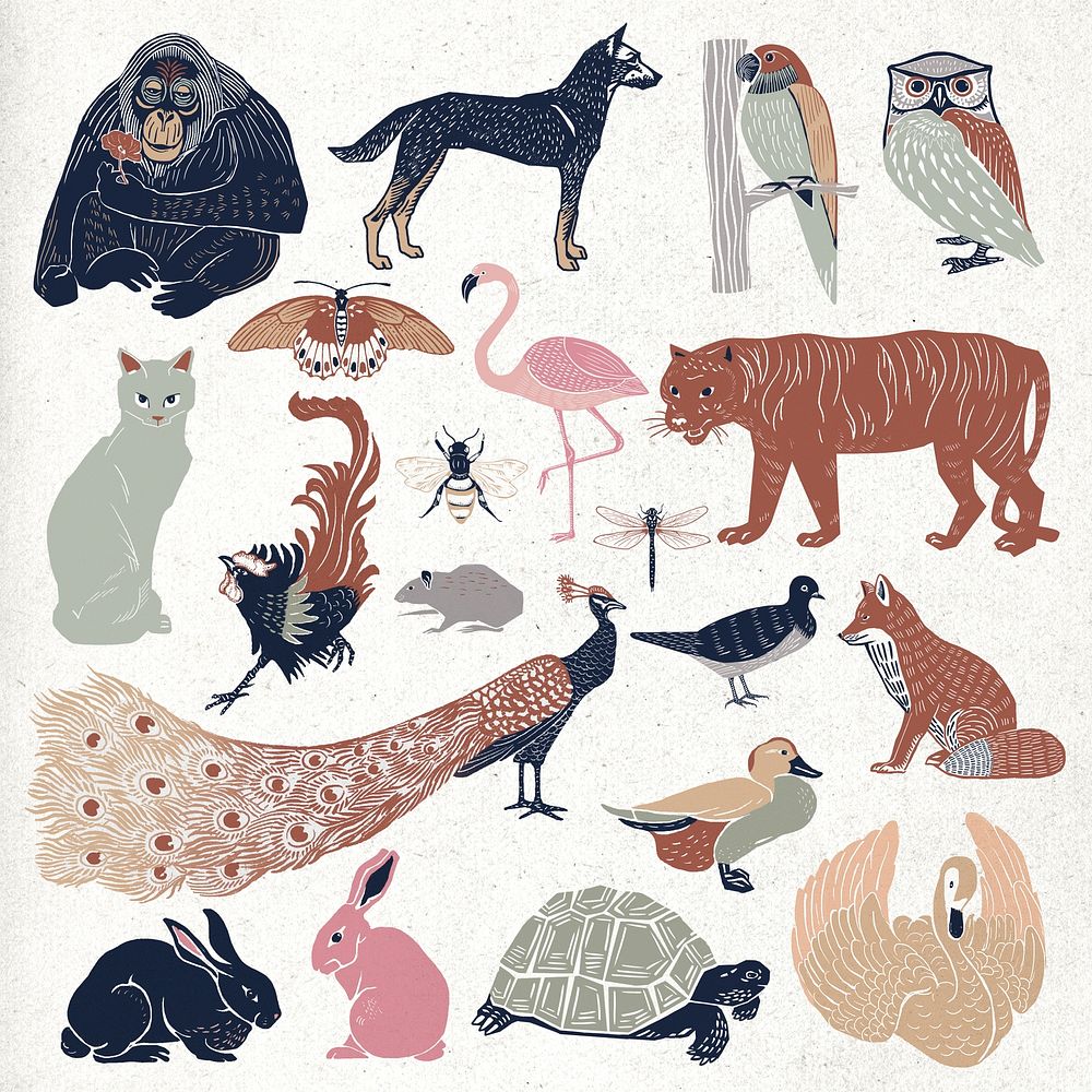 Vintage wild animals drawing psd collection