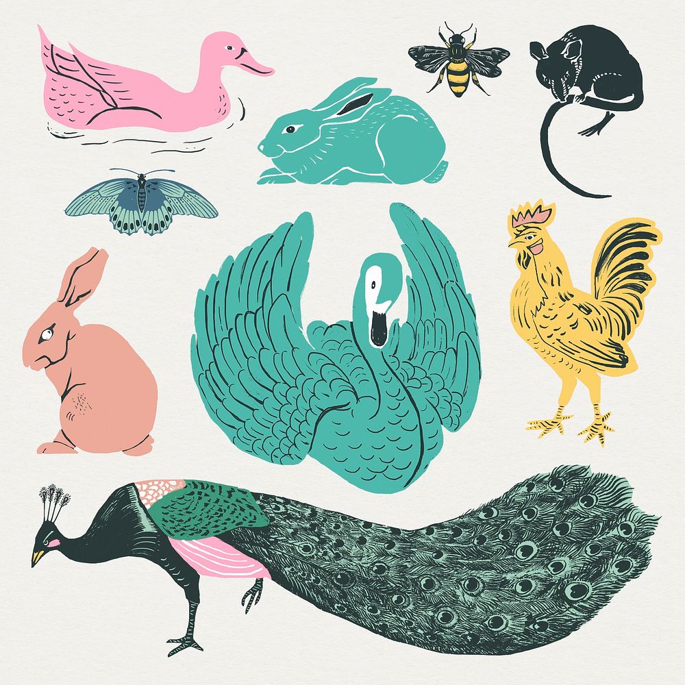 Vintage birds psd linocut style collection