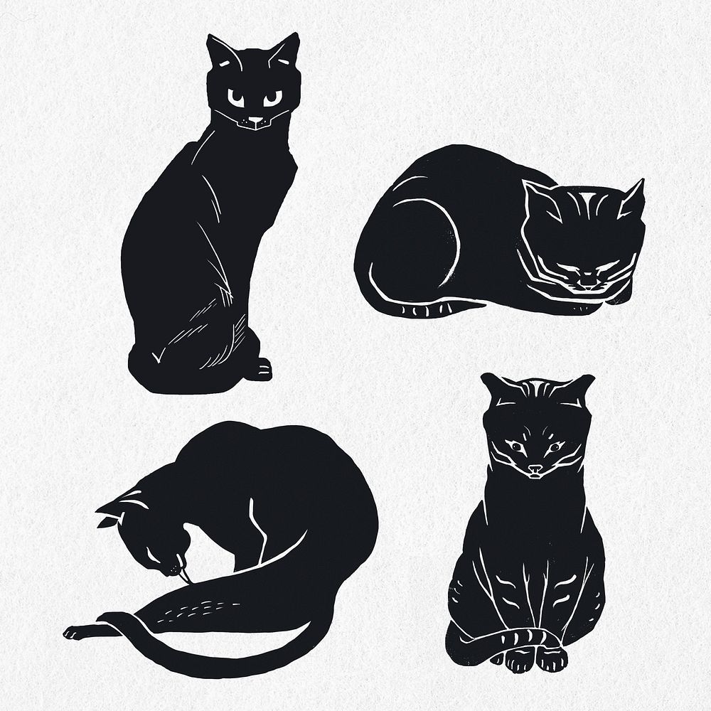 Vintage black cats linocut psd clipart set