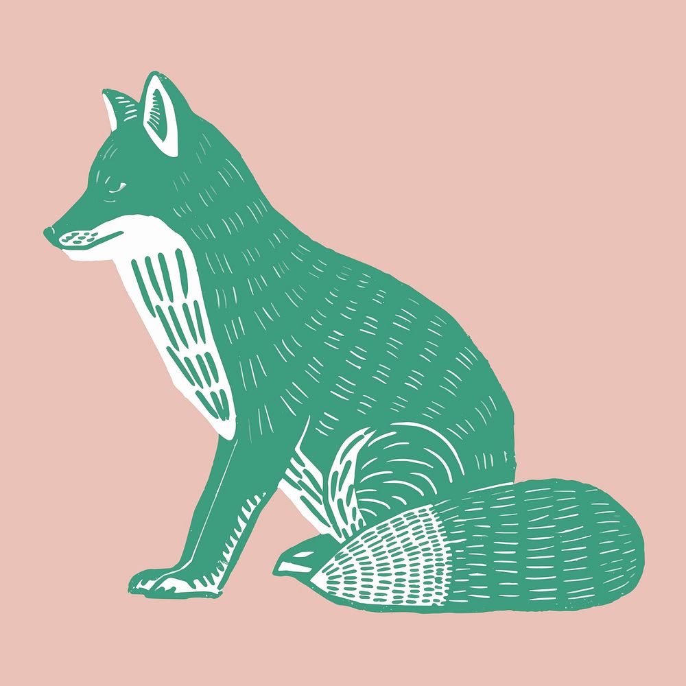 Green fox vintage linocut illustration