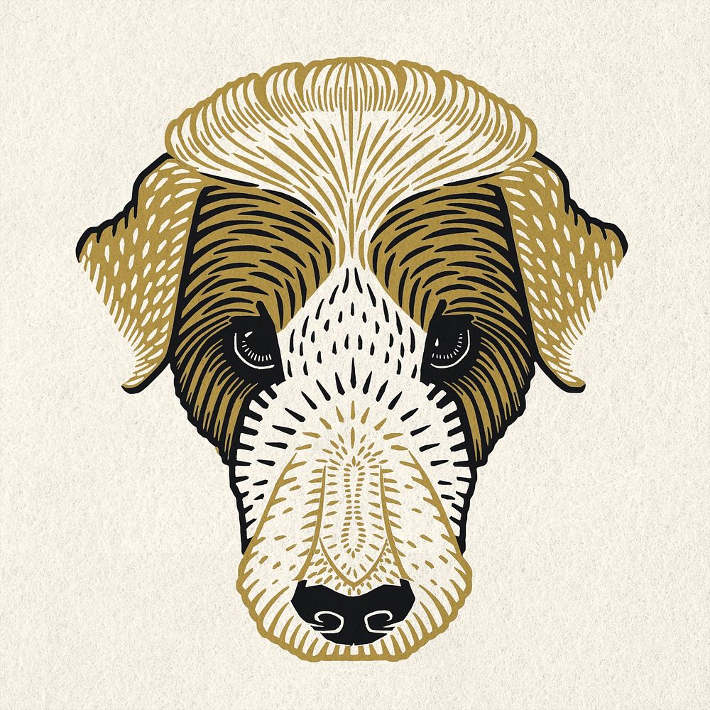 Vintage dog psd animal gold linocut drawing clipart