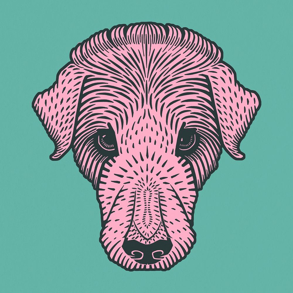 Linocut pink dog psd animal vintage drawing
