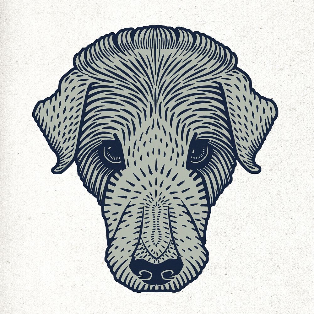Retro linocut dog navy blue hand drawn illustration