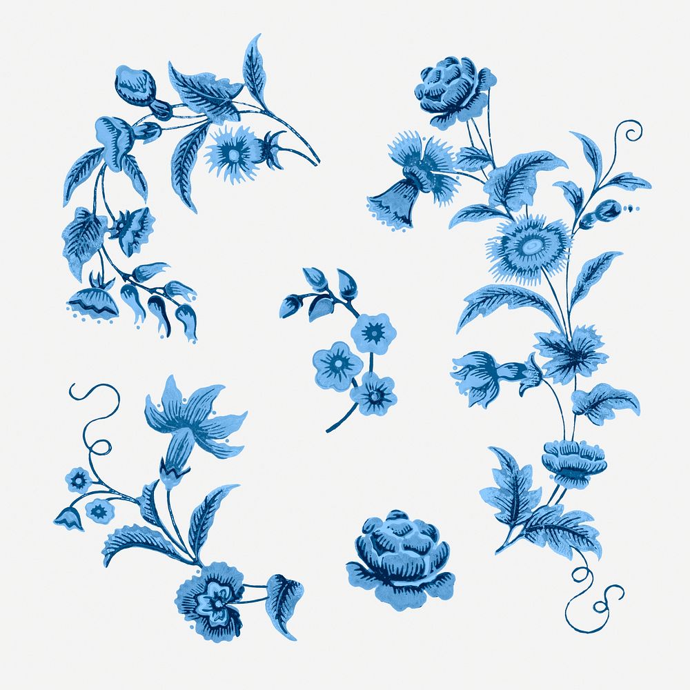 Blue floral branches vintage botanical illustration