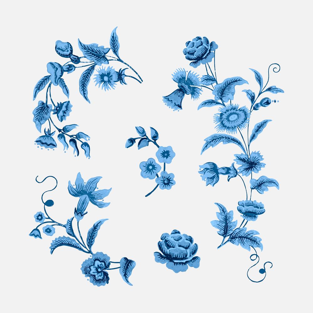 Vector blue floral branches vintage botanical illustration