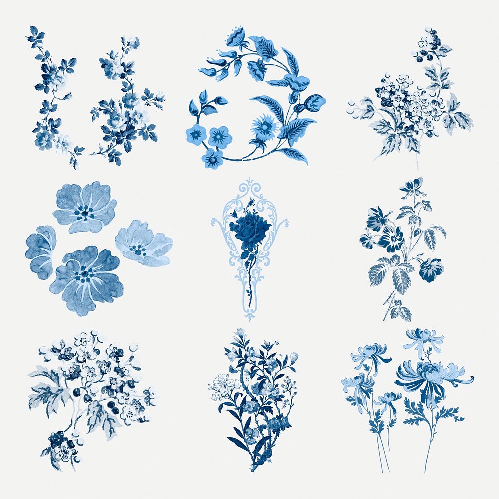 Psd blue flowers vintage clipart set