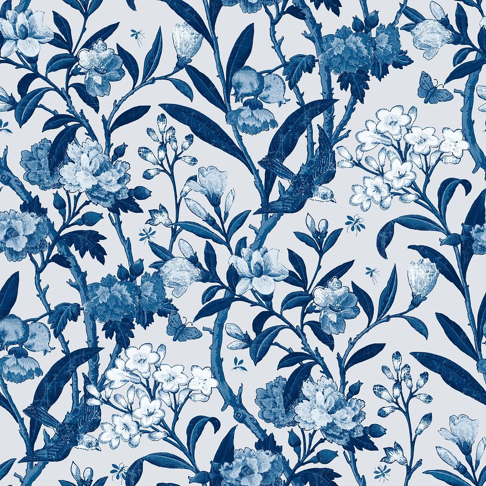 Psd blue botanical pattern vintage background