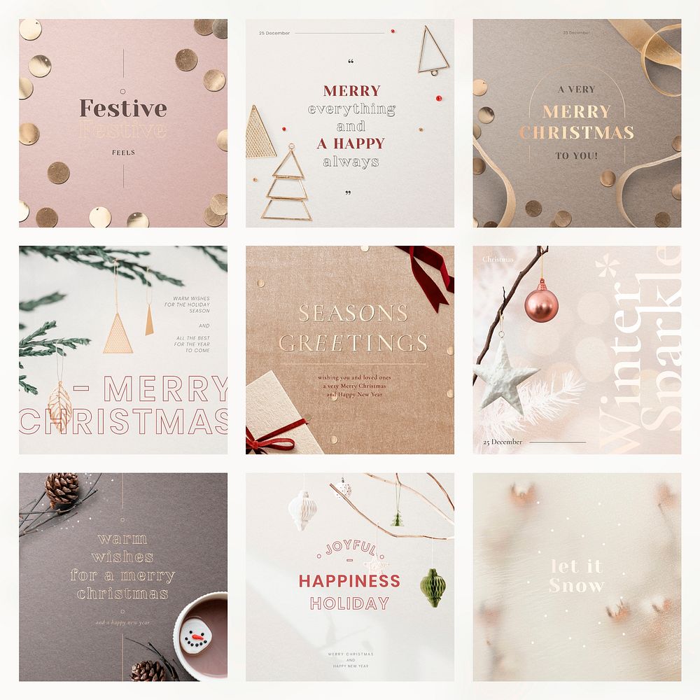 Christmas vector social media template set in gold and rose gold tone 