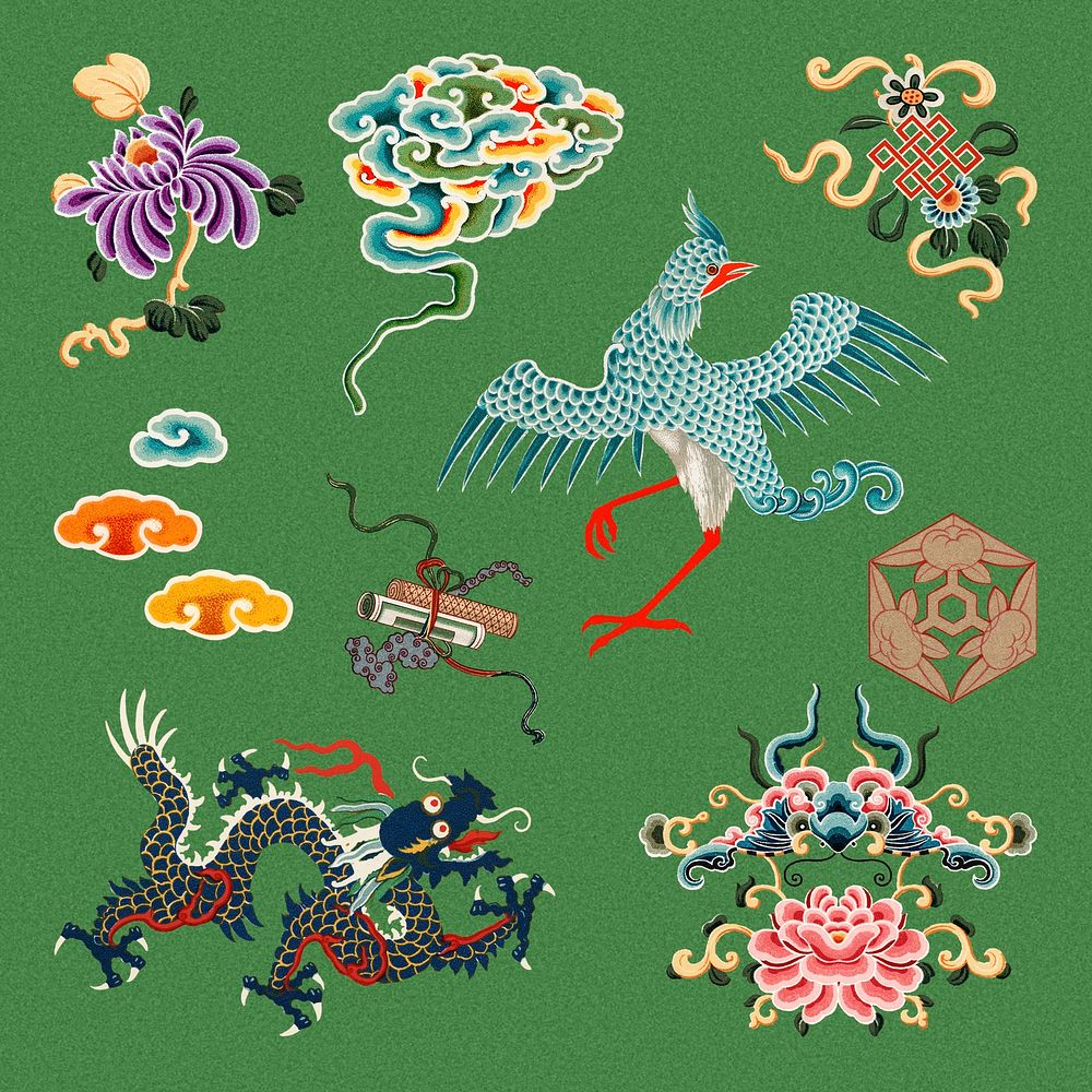 Oriental Chinese psd decorative ornaments colorful design element collection