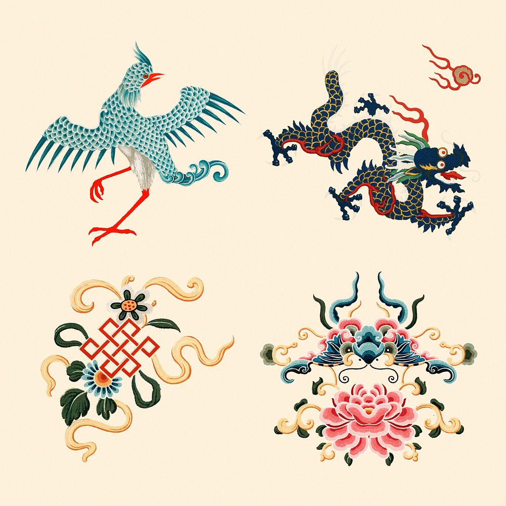 Oriental Chinese psd animals colorful design element set