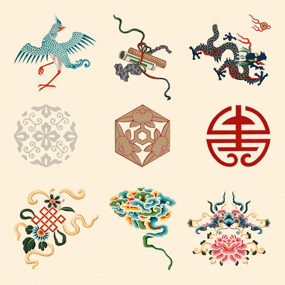 Oriental Chinese psd decorative ornaments colorful design element set