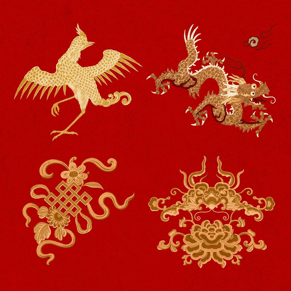 Oriental Chinese art psd symbols gold decorative ornament set