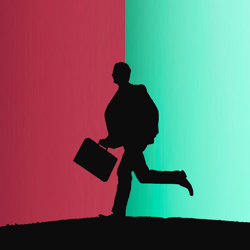 Formal businessman with briefcase silhouette on blue green background