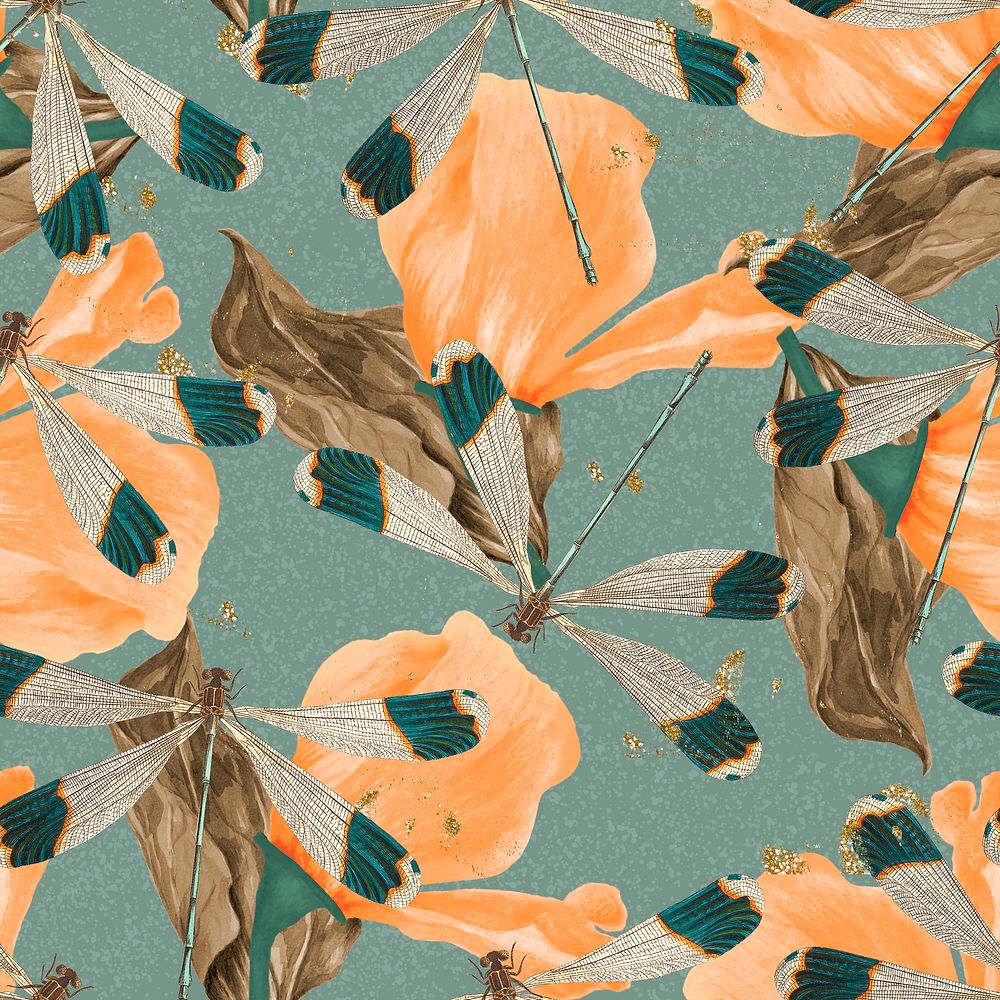 Seamless dragonfly psd leaf pattern, vintage remix from The Naturalist's Miscellany by George Shaw