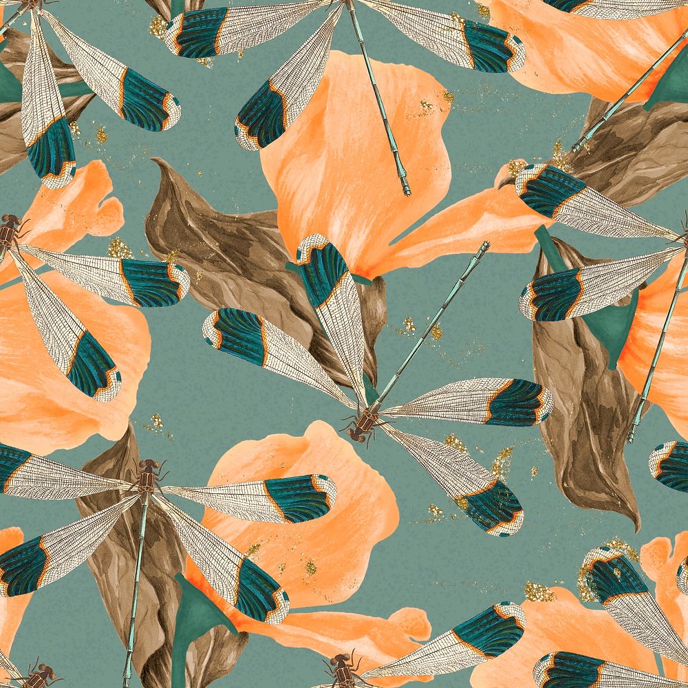 Seamless dragonfly and leaf pattern, vintage remix from The Naturalist's Miscellany by George Shaw