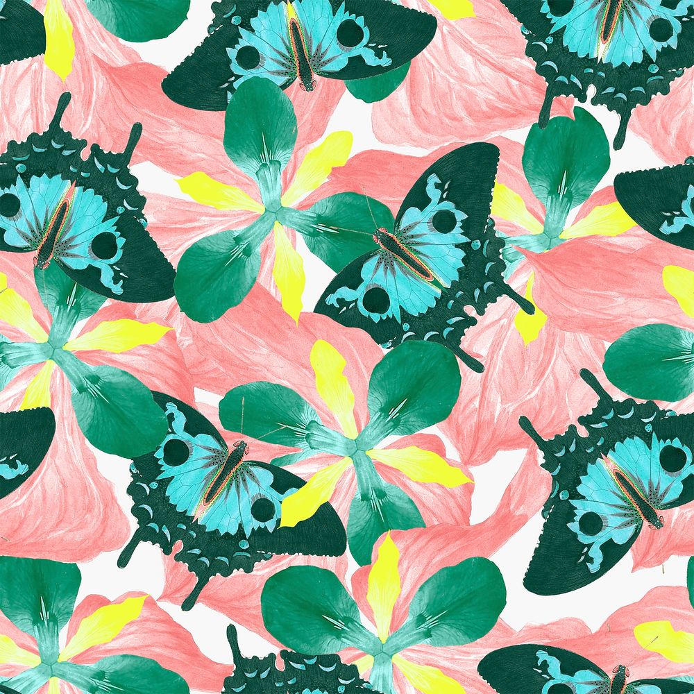 Seamless butterfly floral psd pattern, vintage remix from The Naturalist's Miscellany by George Shaw