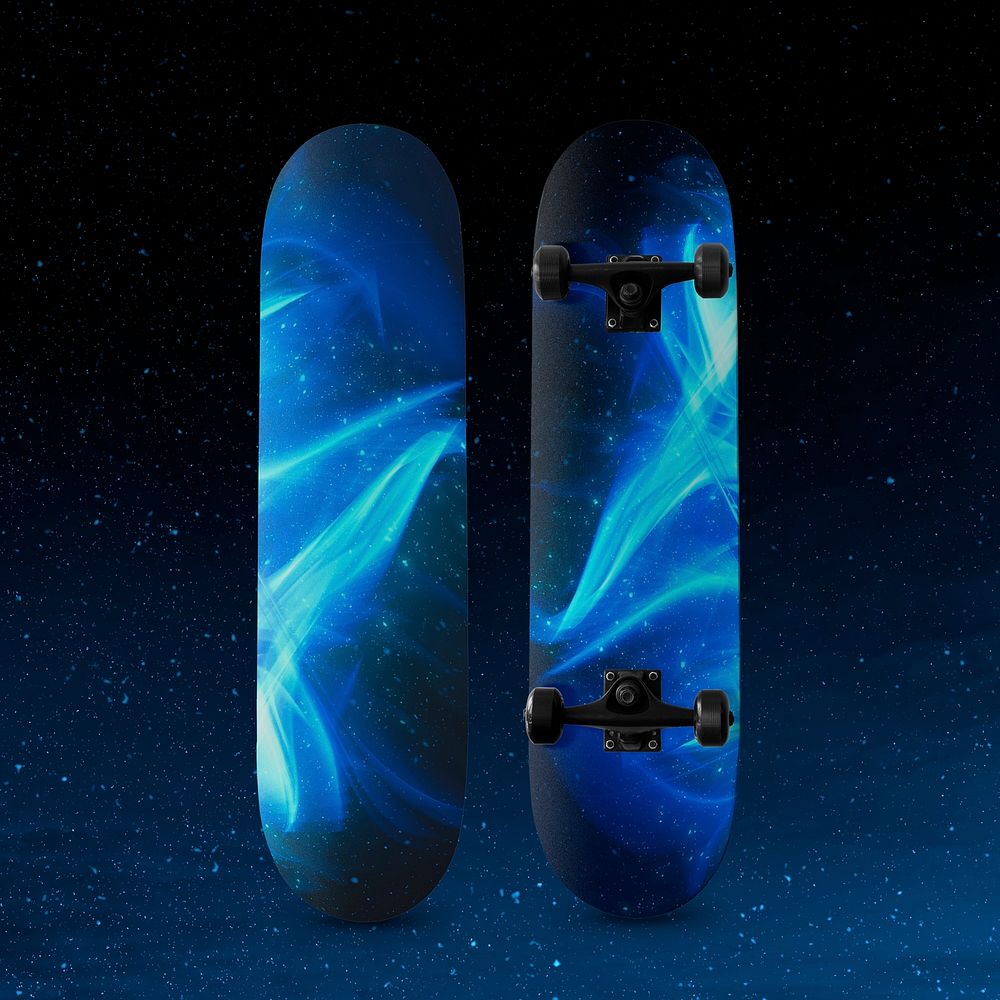 Skateboard mockup with blue flame print psd