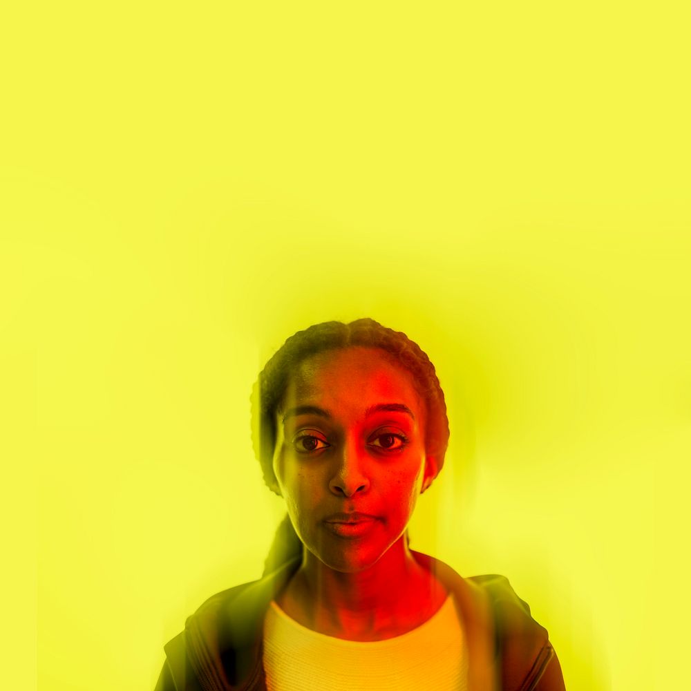 Cyborg woman artificial intelligence on yellow laminate background