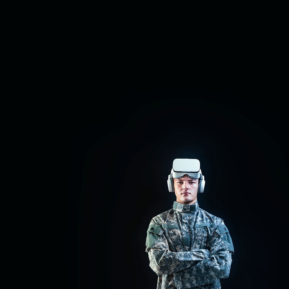 Soldier in VR headset for simulation training military technology black background