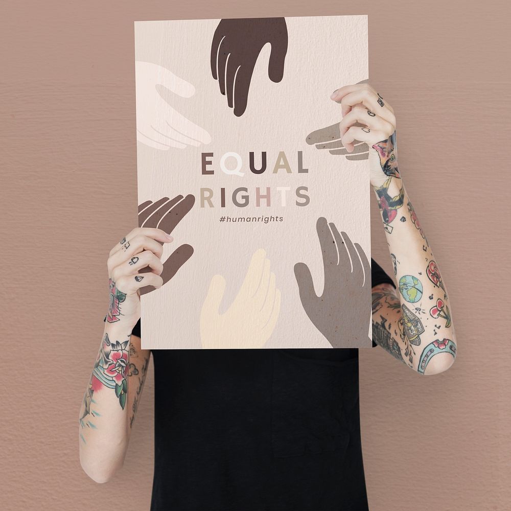 Psd man hiding behind 'Equal Rights' social movement poster