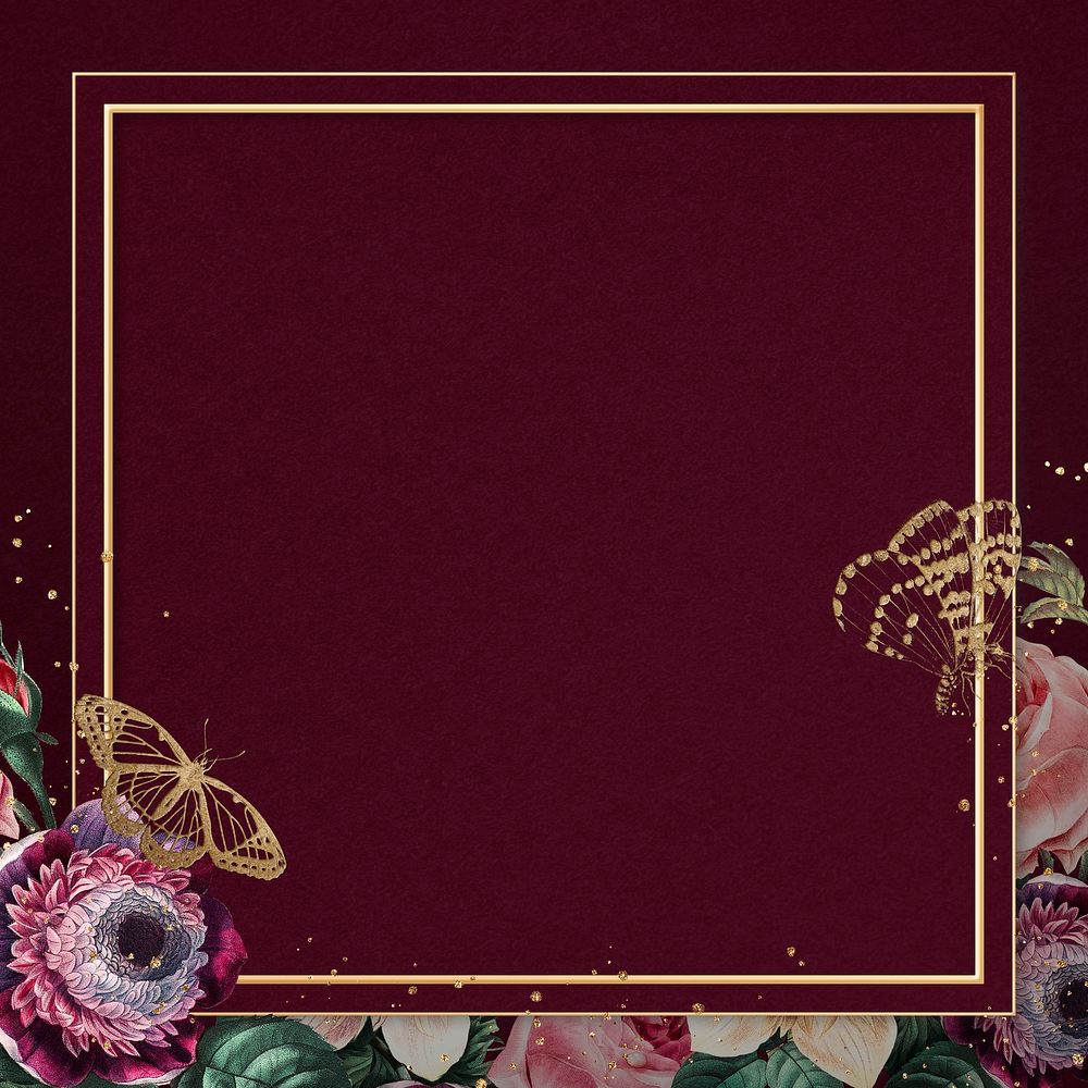 Luxury colorful flowers psd gold frame watercolor red background