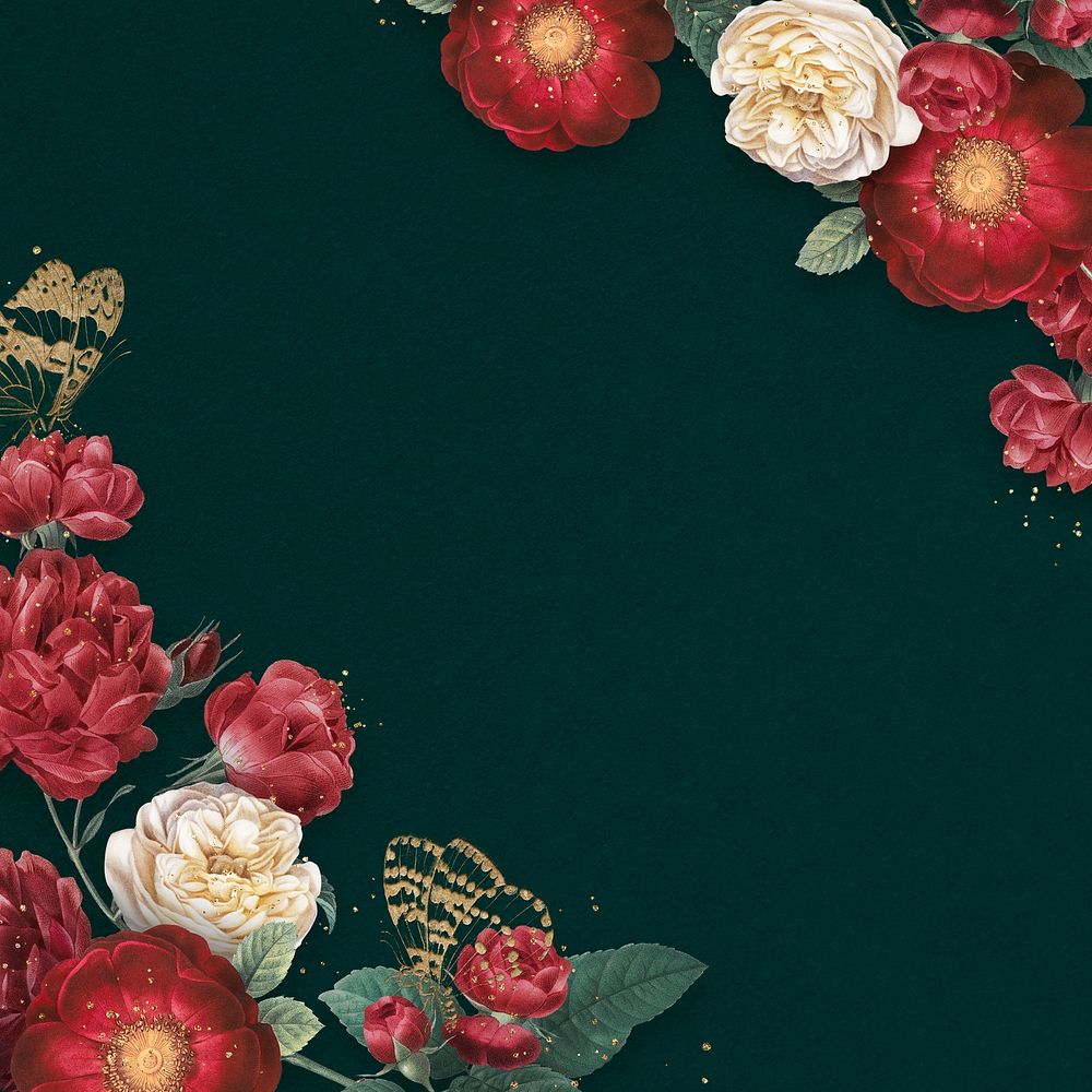 Luxury red roses border watercolor green background