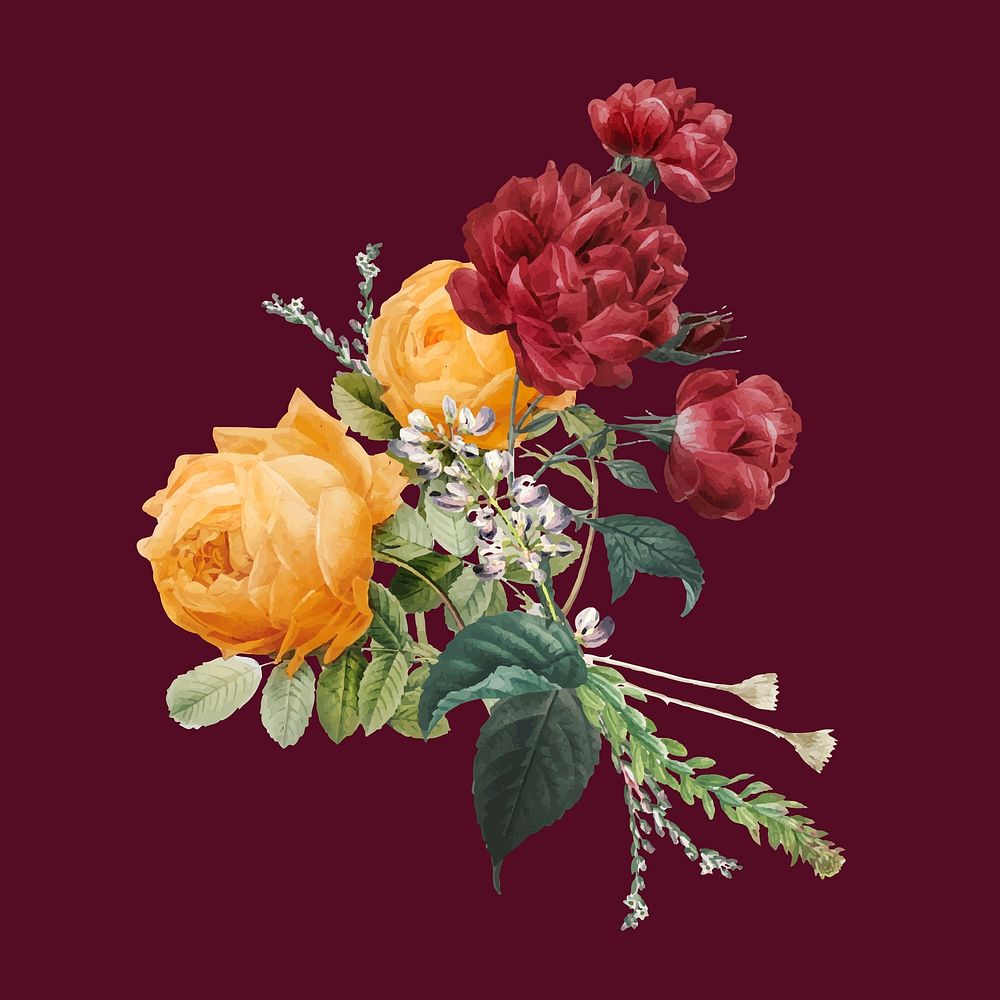 Vintage vector yellow red roses bouquet hand drawn illustration
