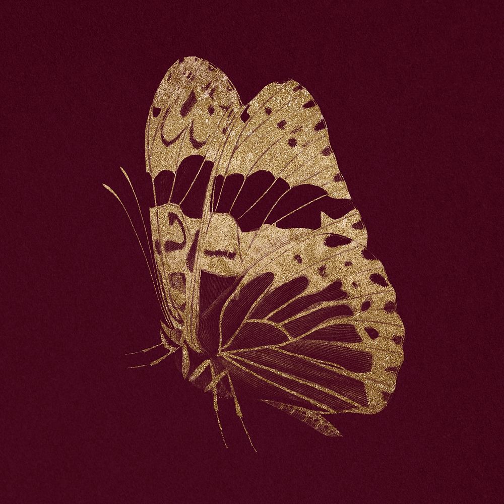 Hand drawn butterfly psd glittery gold vintage sticker