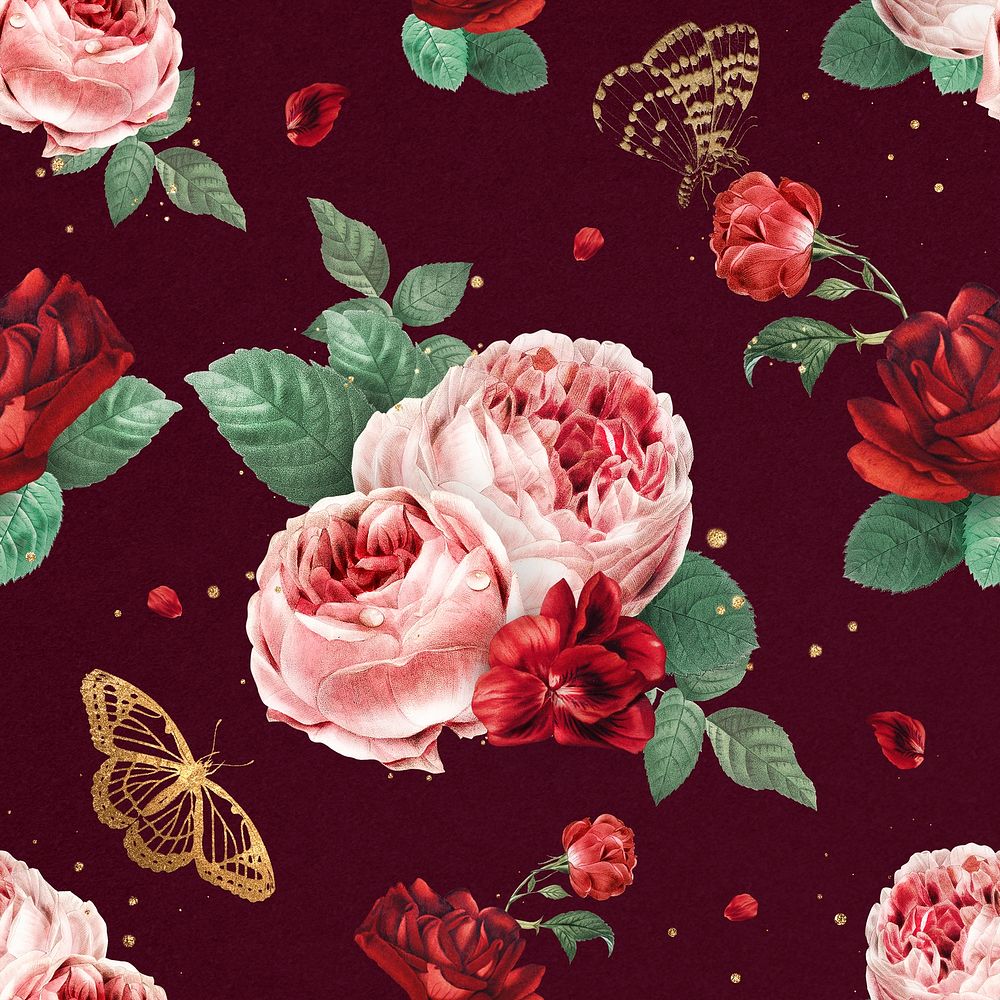Red peony flowers psd watercolor pattern