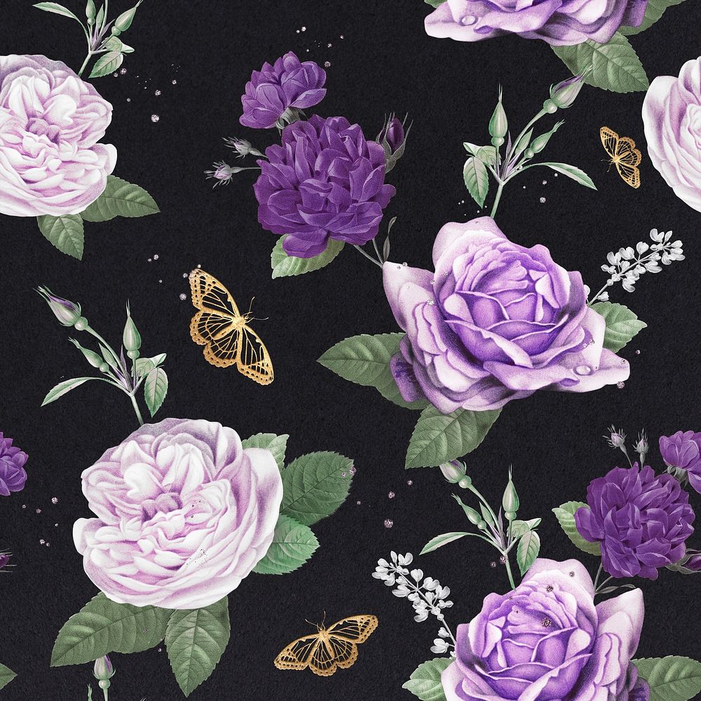 Purple cabbage roses psd and butterfly watercolor pattern
