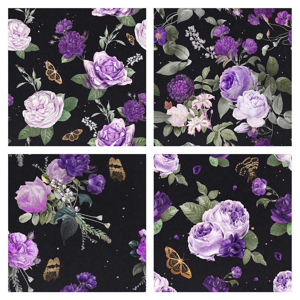Vintage purple flowers pattern psd watercolor illustration collection