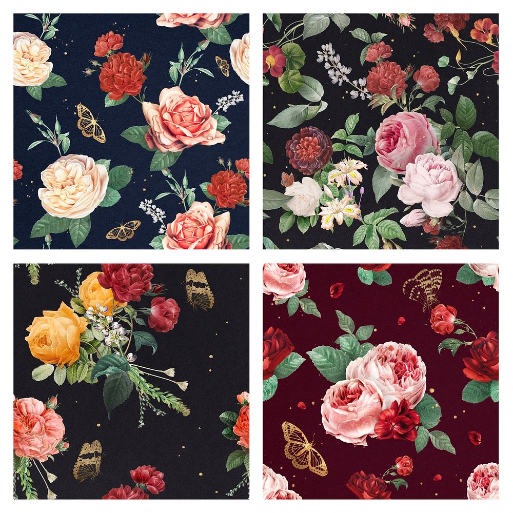 Botanical colorful roses psd flower pattern collection