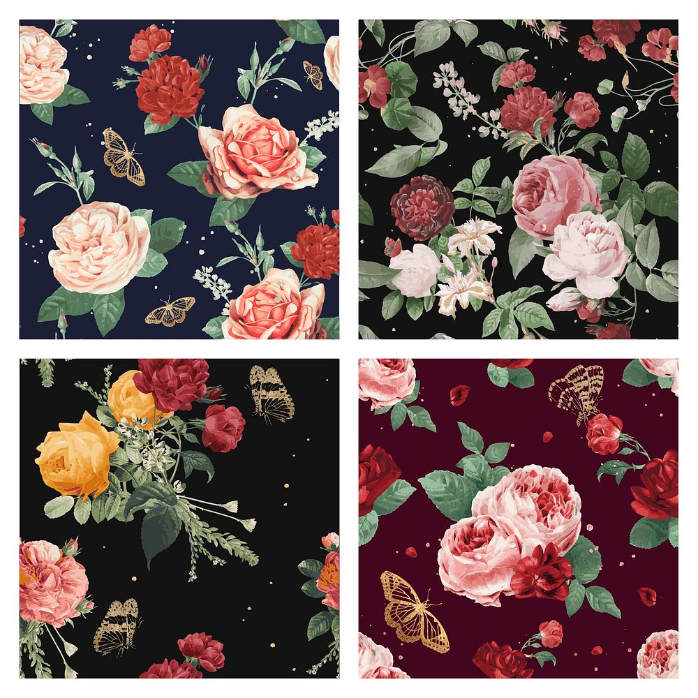 Floral red roses vector pattern vintage illustration set