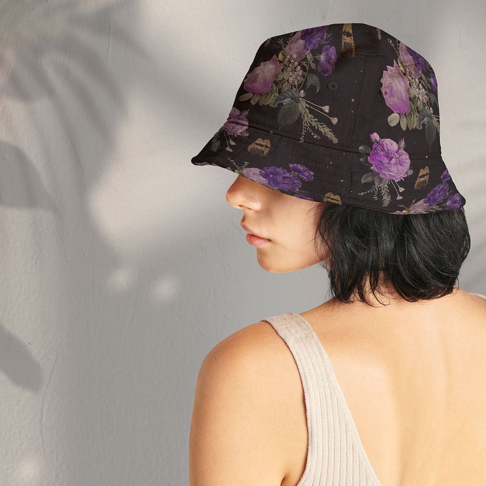 Classic purple floral psd bucket hat apparel mockup