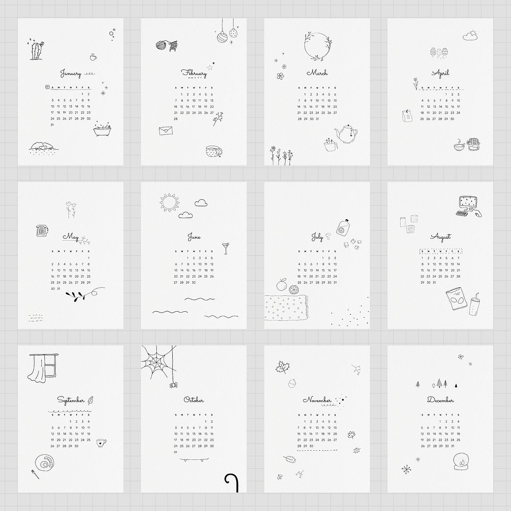 Calendar 2021 printable template psd monthly set cute doodle drawing