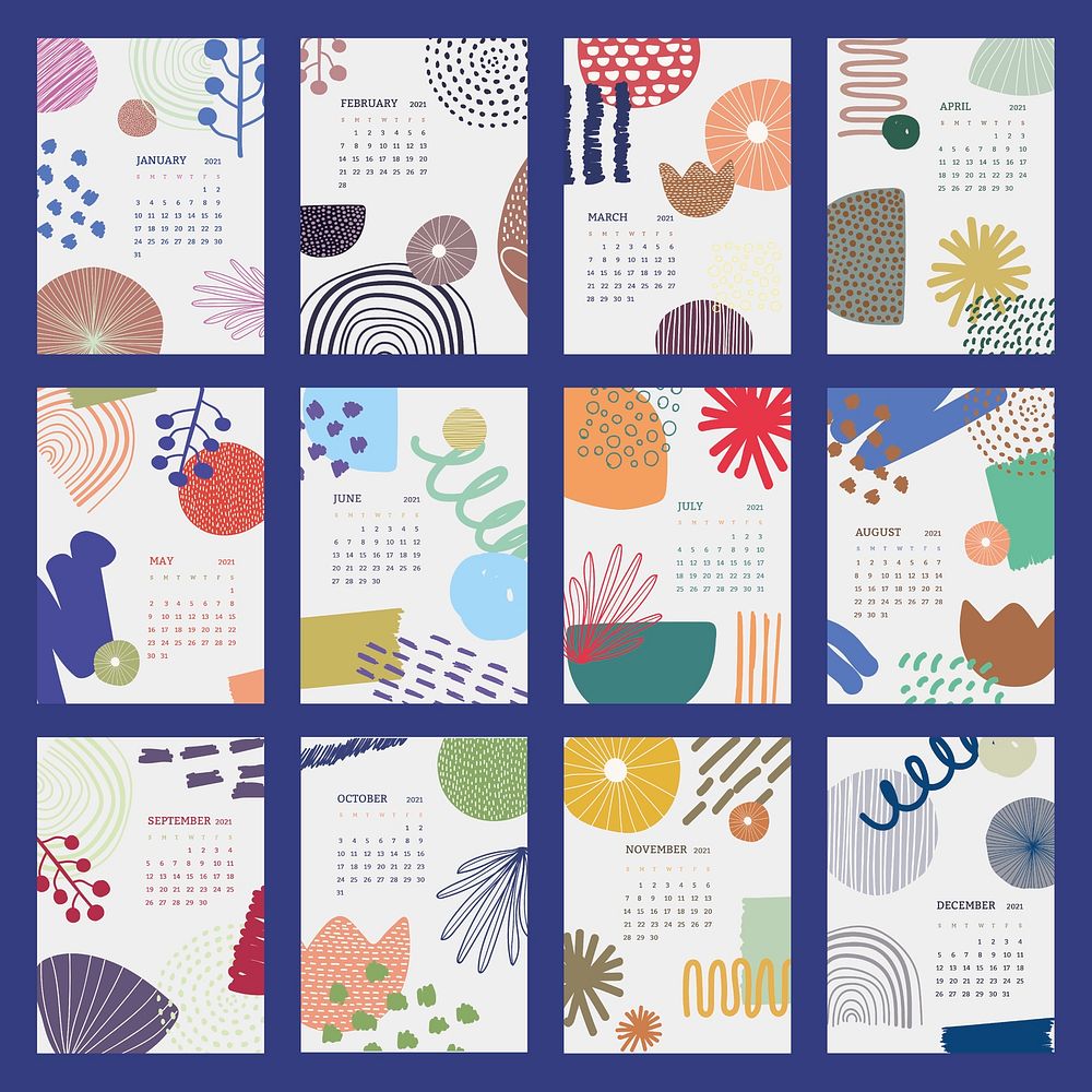 Calendar 2021 printable template vector monthly set Scandinavian mid century background