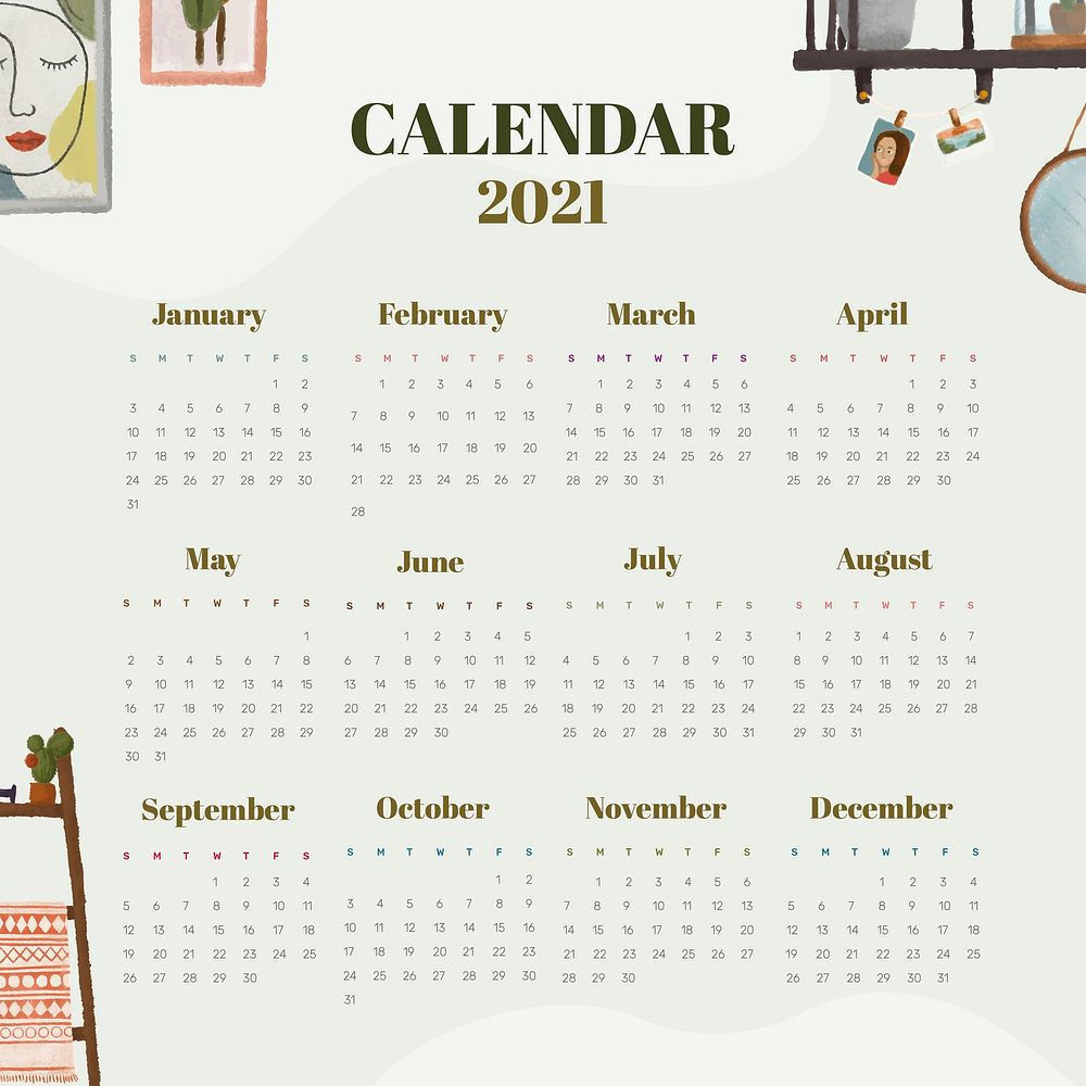 Calendar 2021 printable template vector social media post set hand drawn lifestyle