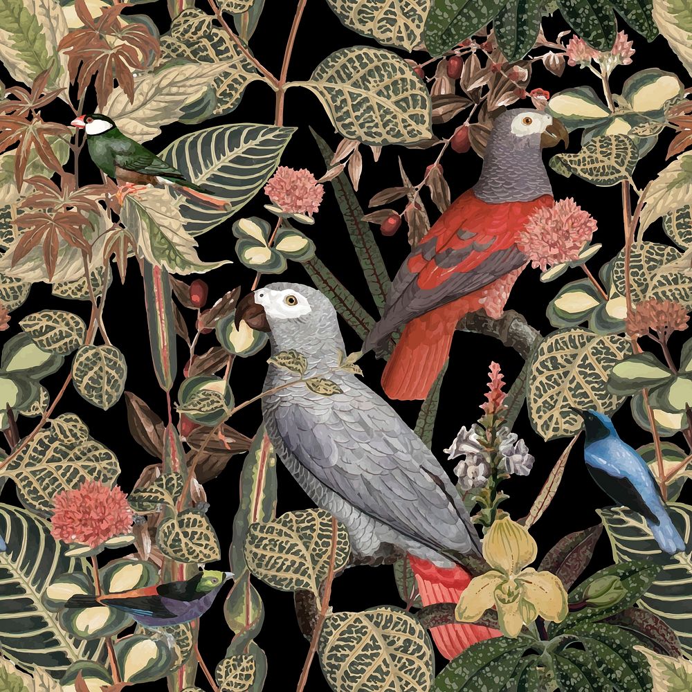 Jungle bird background vector seamless pattern