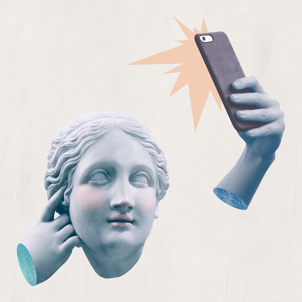 Greek selfie goddess statue psd social media addiction mixed media