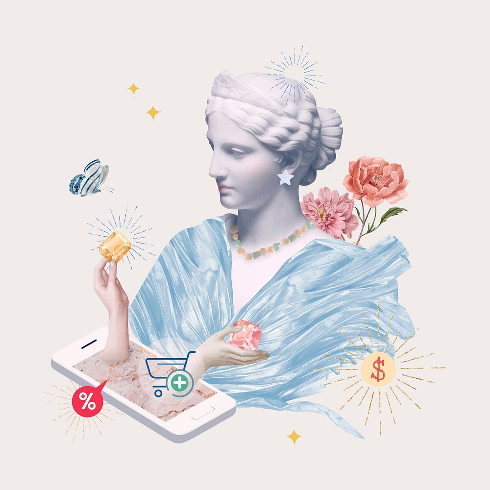 Online shopping vector Greek goddess statue aesthetic mixed media