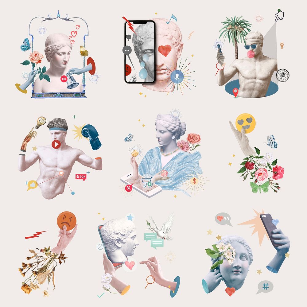 Aesthetic social media addiction vector Greek marble statue theme collection