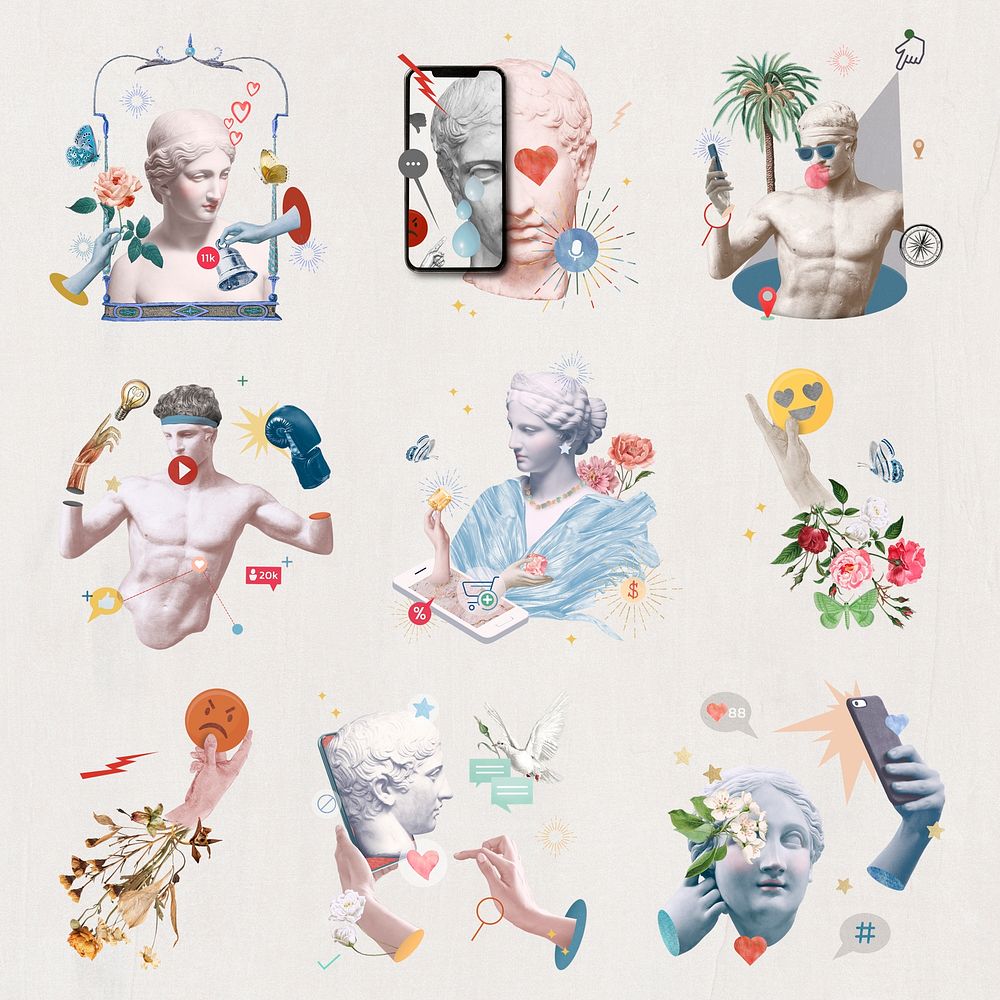 Aesthetic social media addiction psd Greek marble statues theme collection